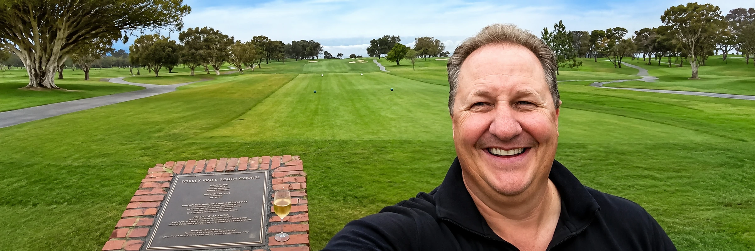 ABOUT-9 — Coach Don Clarke selfie at Torrey Pines South Course plaque Coach Don Clarke selfie at Torrey Pines South Course plaque
