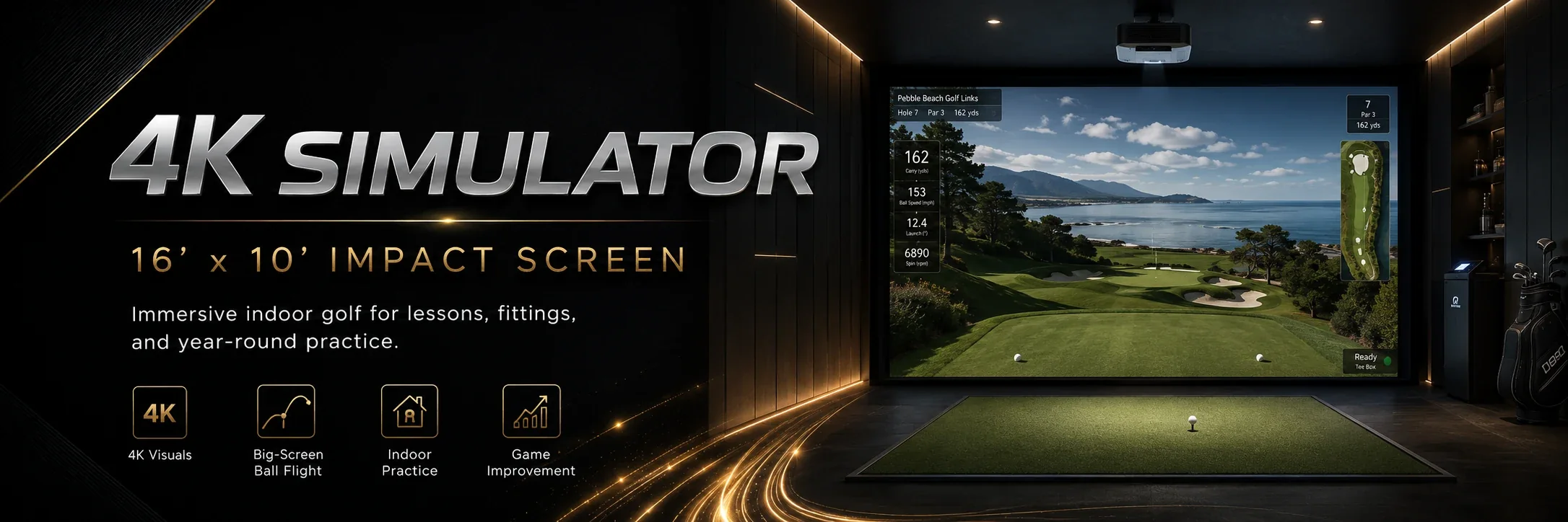 HOME-4 — 4K simulator with 16 by 10 impact screen at Perfectly Fit Golf 4K simulator with 16 by 10 impact screen at Perfectly Fit Golf