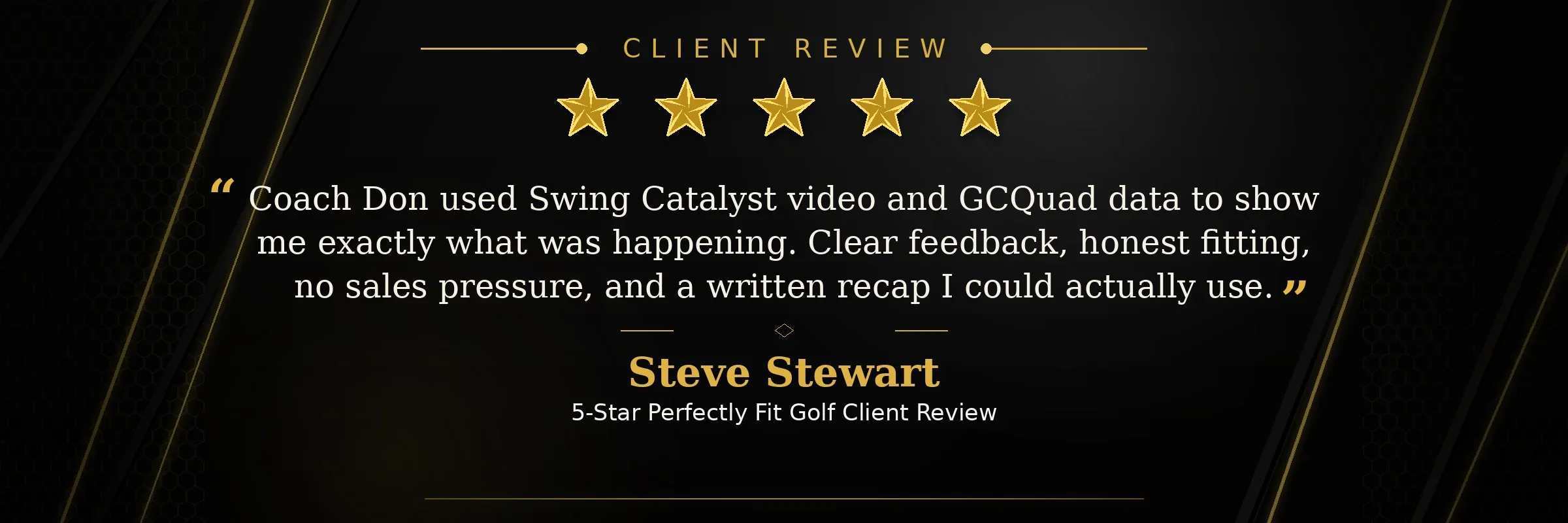 HOME-REVIEW — Steve Stewart 5-Star Perfectly Fit Golf client review in the Perfectly Fit Golf premium review image style Steve Stewart 5-Star Perfectly Fit Golf client review in the Perfectly Fit Golf premium review image style